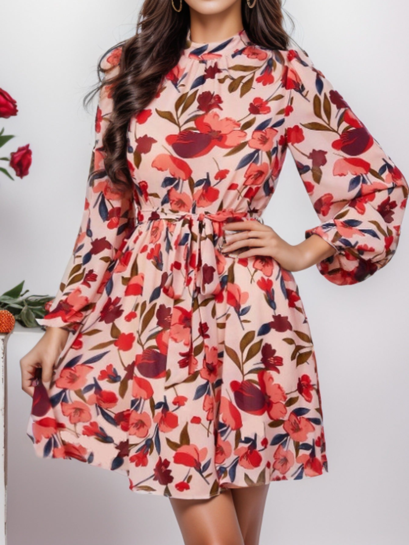 Floral Print Long Sleeve Dress Elegant Style Women's