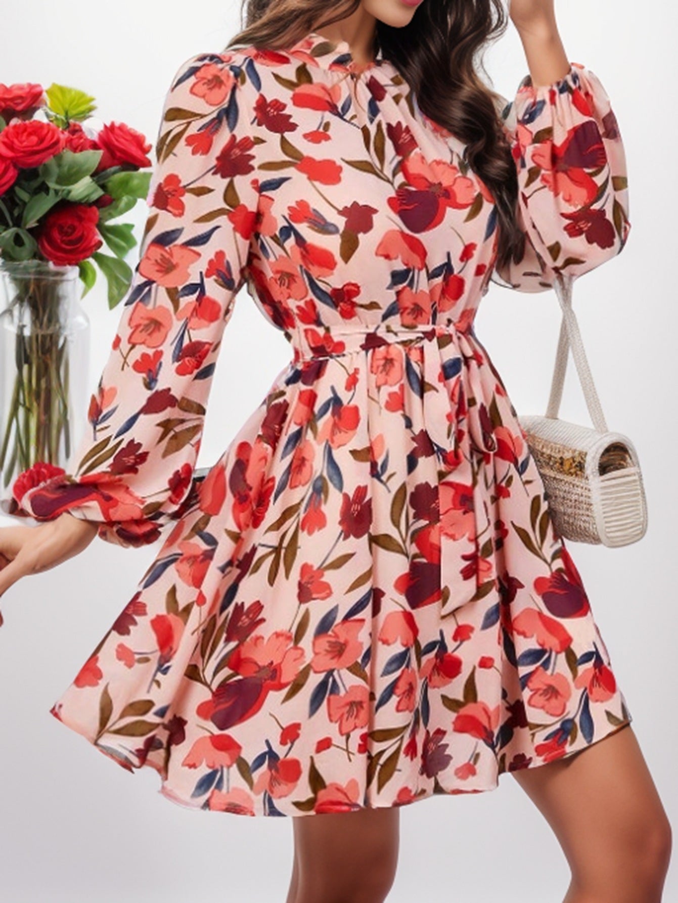 Floral Print Long Sleeve Dress Elegant Style Women's