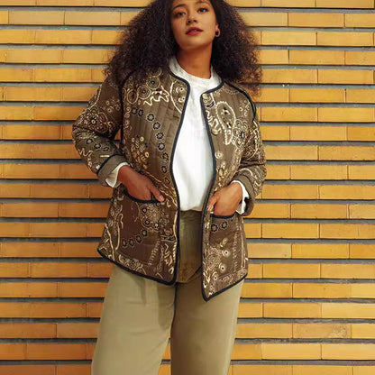 Pattern Print Cotton-padded Long Sleeve Short Jacket