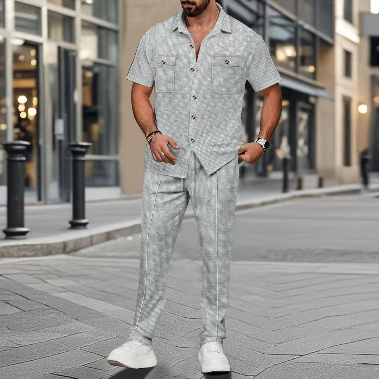 Buttons Pocket Shirt Short Sleeve Trousers Two-piece Set